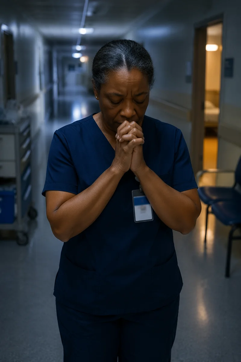Nurse Praying in Quiet Hospital Hallway