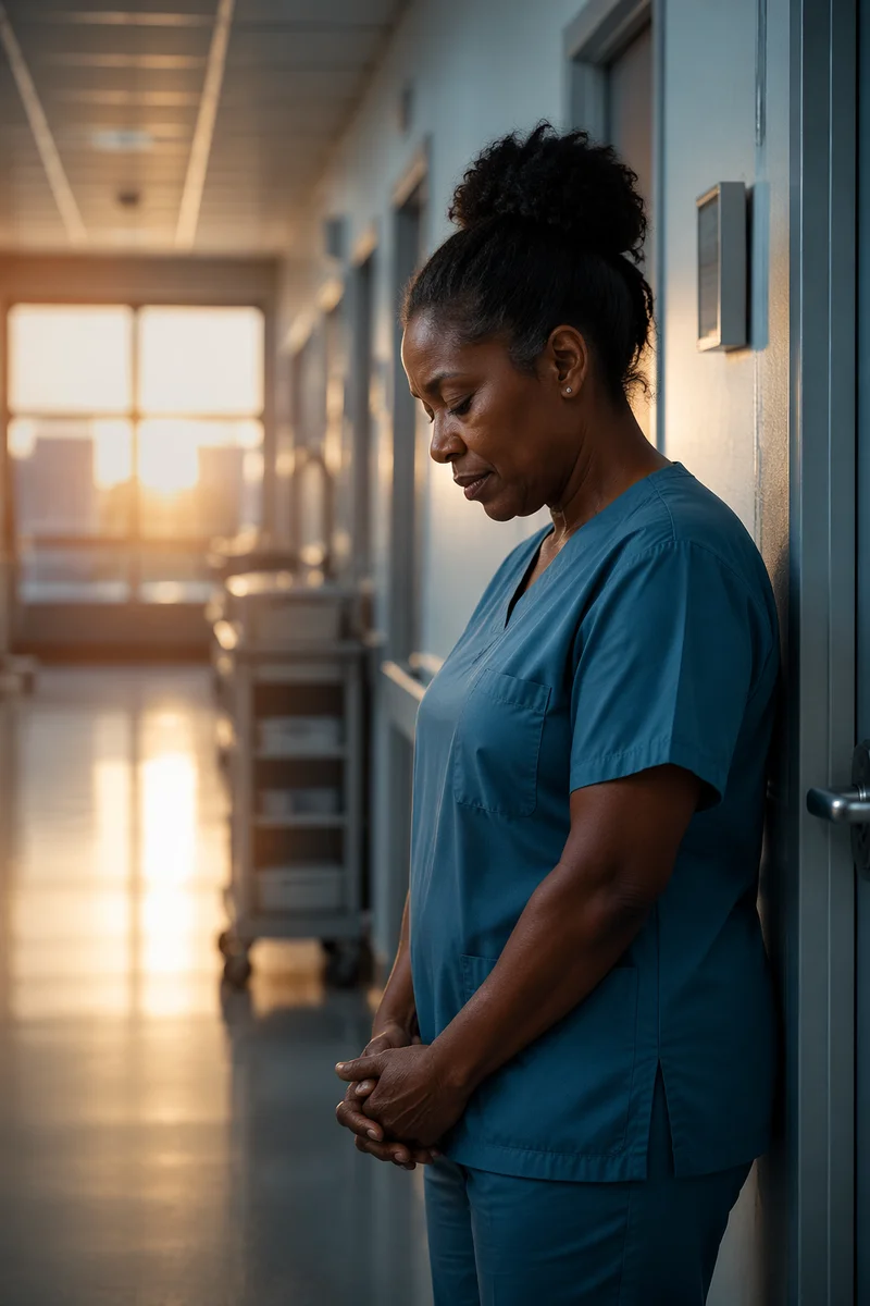 Nurse Praying in Hospital Hallway at Dawn