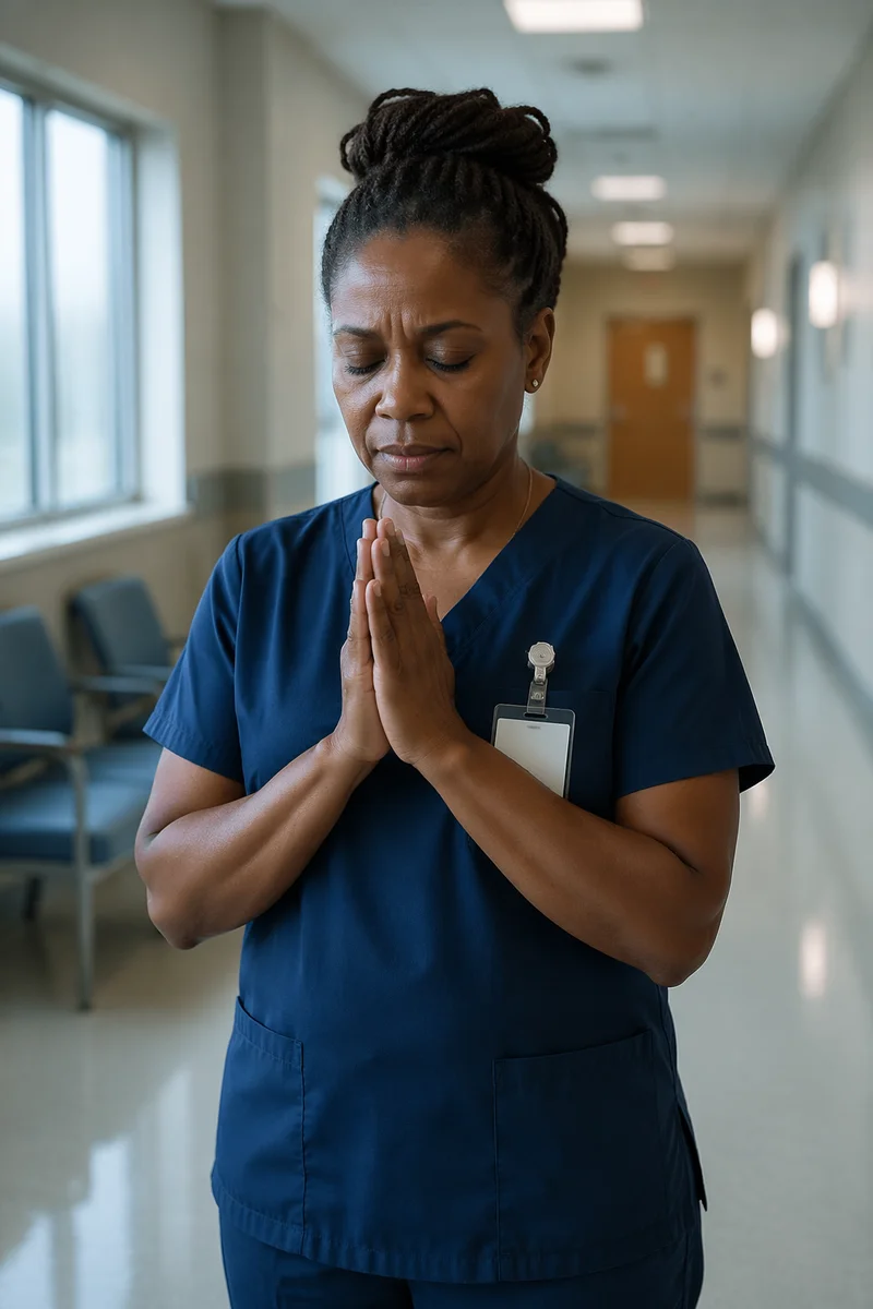 Nurse Praying in Quiet Hospital Hallway
