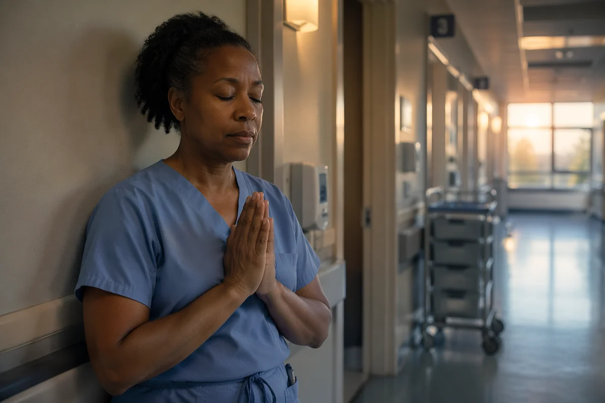 Nurse Praying in Quiet Hospital Hallway
