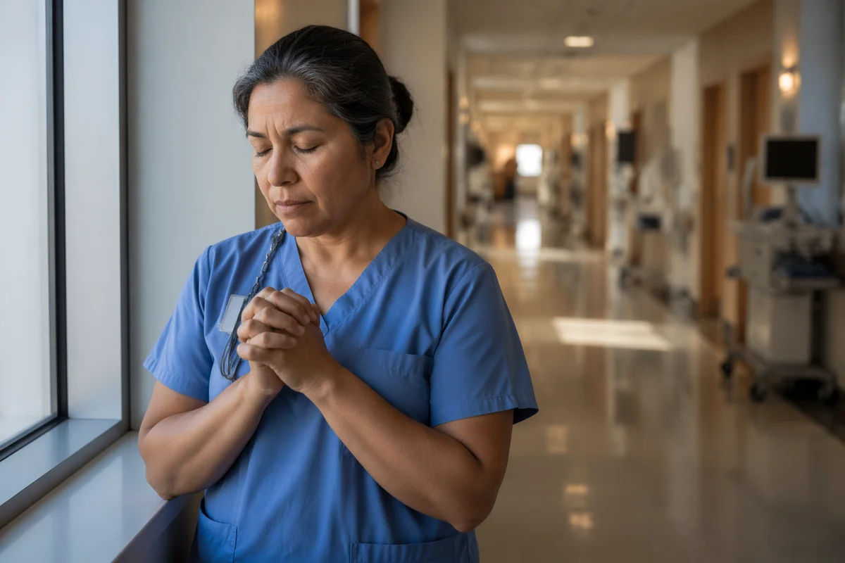 Nurse Praying in Hospital Hallway