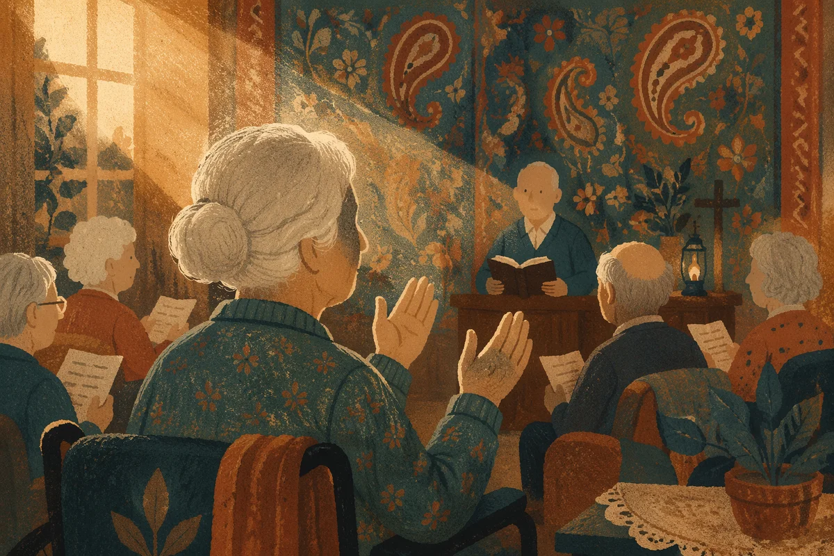 Elderly Resident Praying at Worship Gathering
