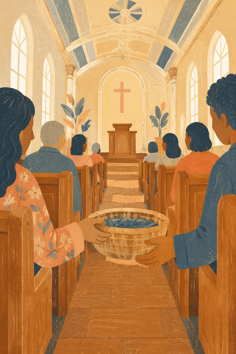 Offering Basket Passed in Church Pew