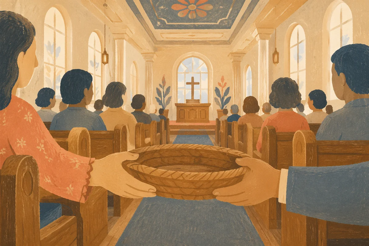 Offering Basket Passed in Church Pews