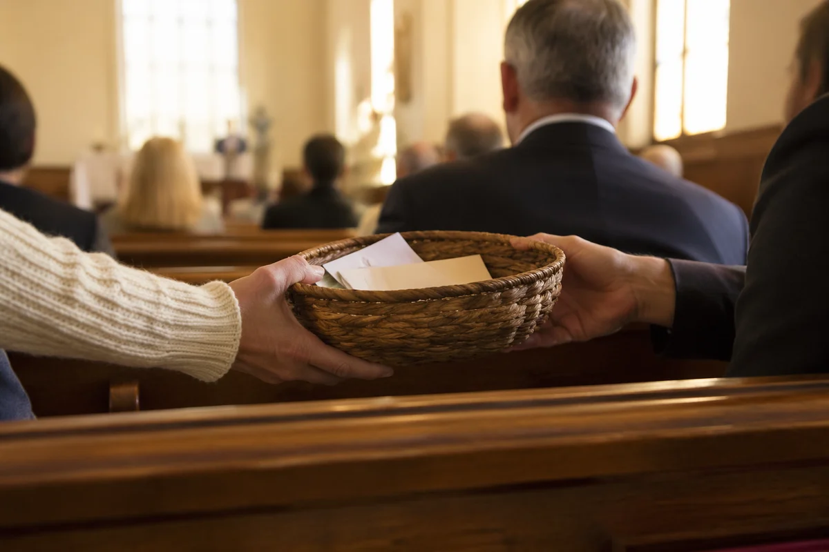 Offering Basket Passed Along Church Pew