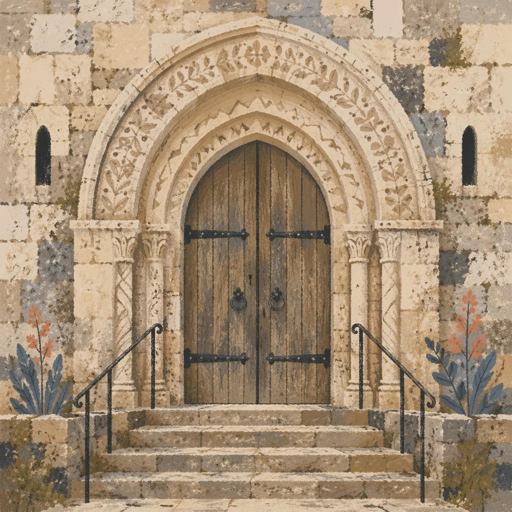 Old Stone Church Arched Wooden Door