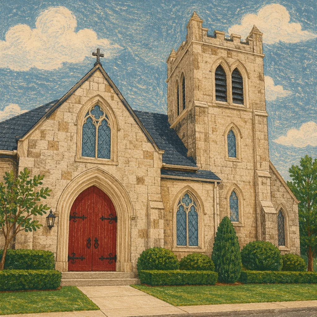 Old Stone Church With Red Arched Door