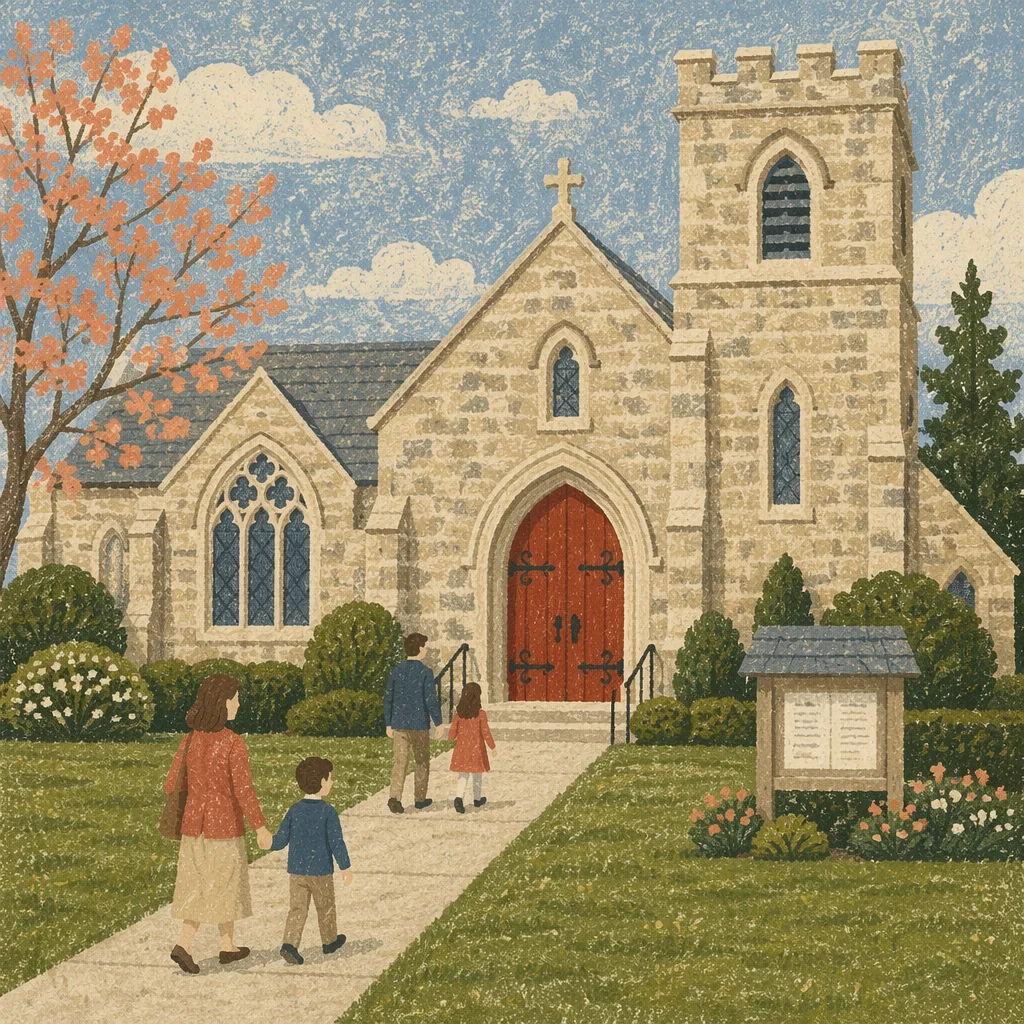 Old Stone Church With Red Arched Door