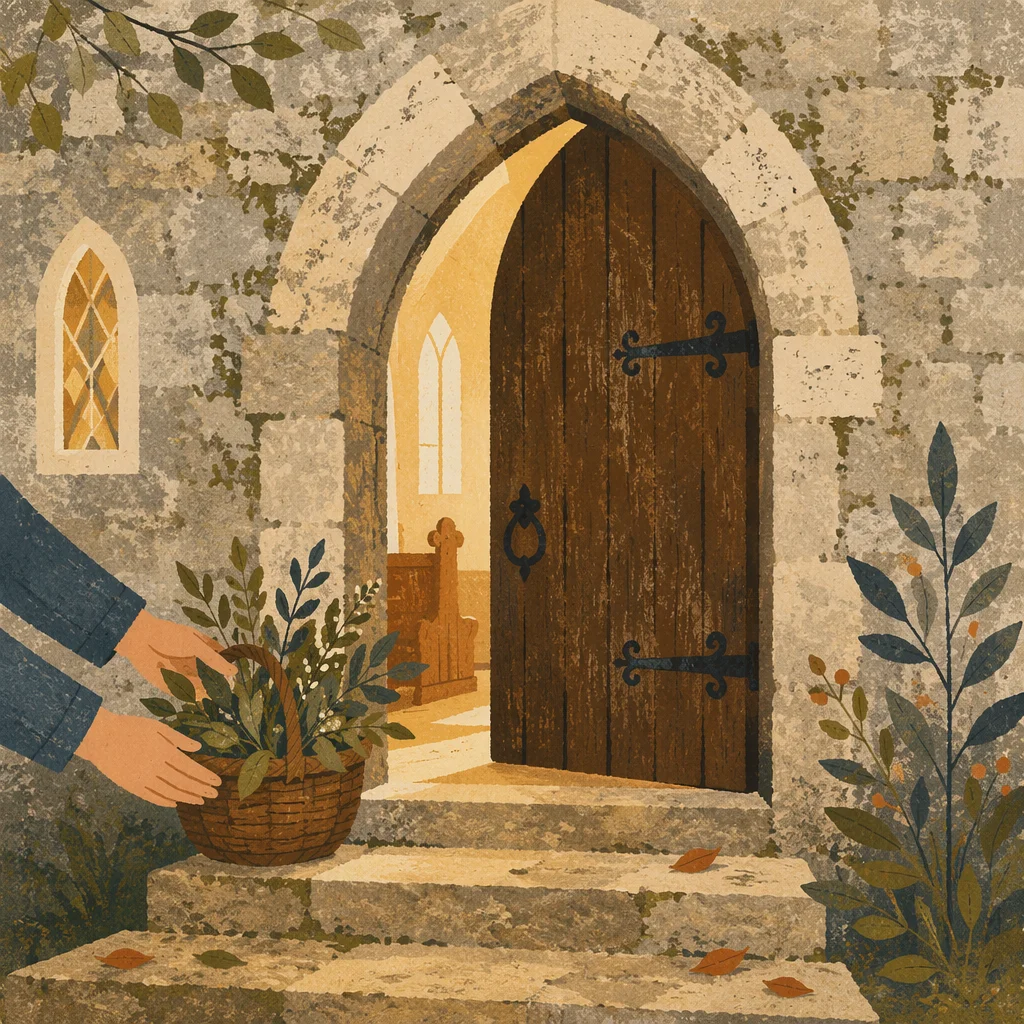 Old Arched Church Door with Morning Welcome
