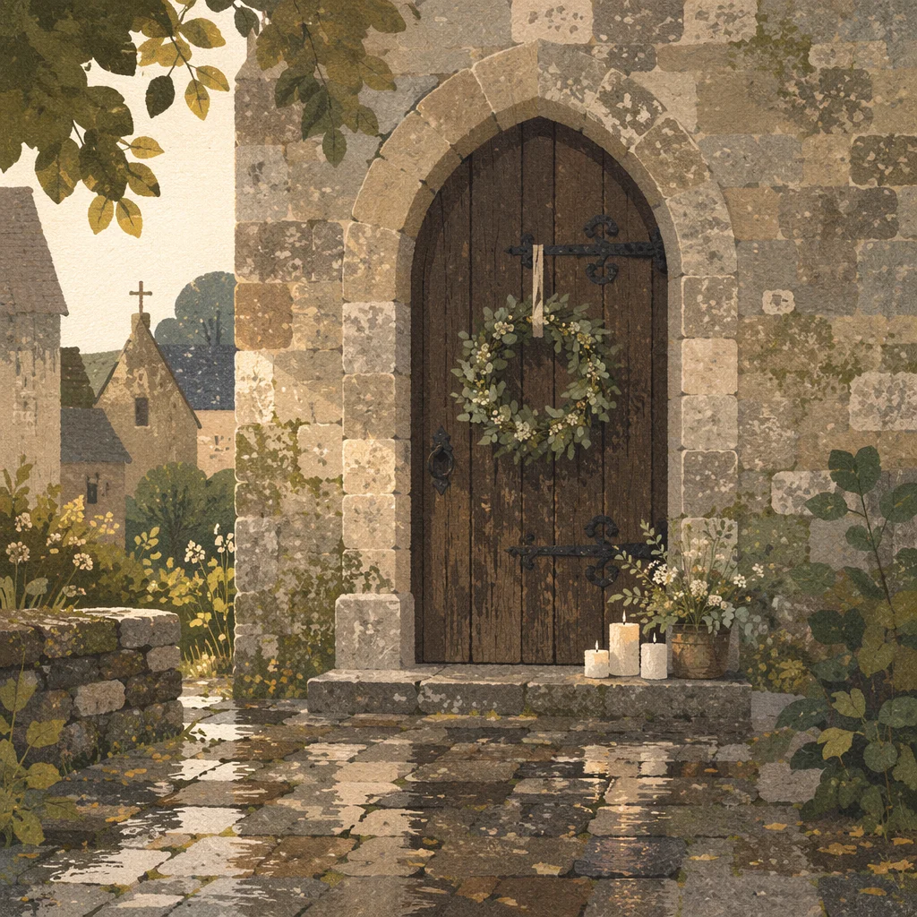 Old Arched Church Door After Rain