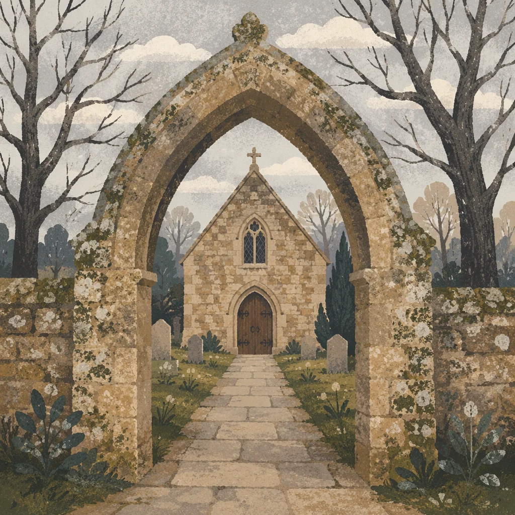 Arched Stone Chapel Entrance in Winter