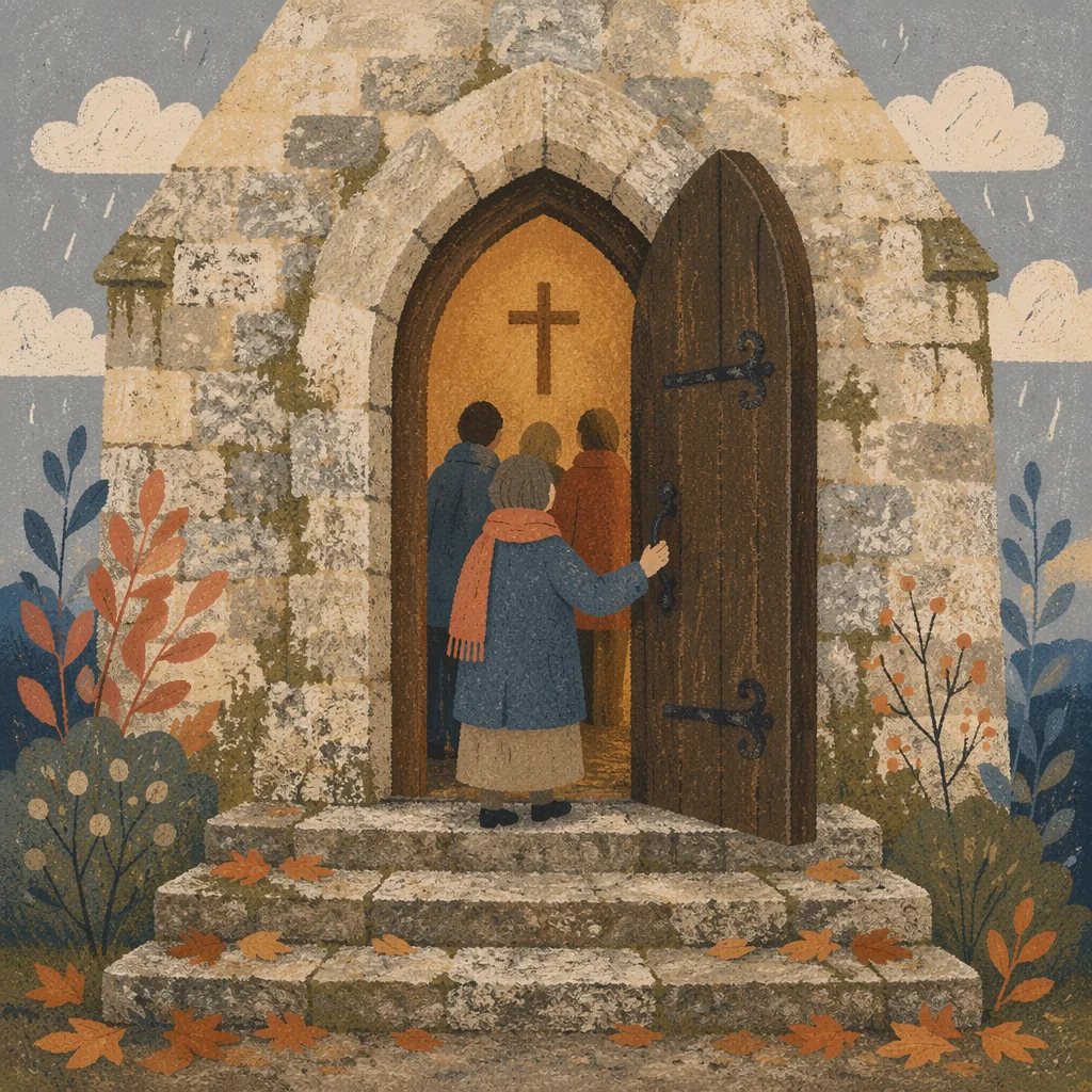 Rainy Morning at Old Arched Church Door