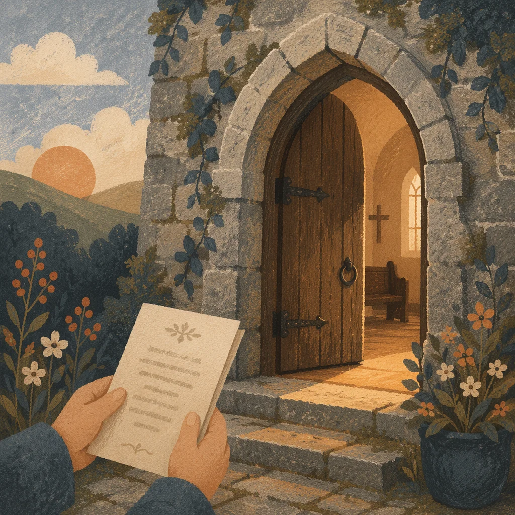 Old Arched Church Door at Morning Worship