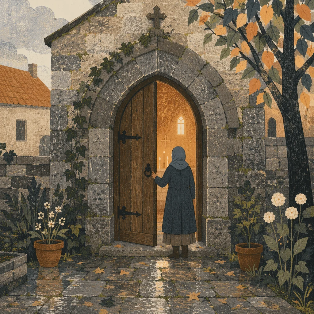 Old Arched Church Door in Morning Rain