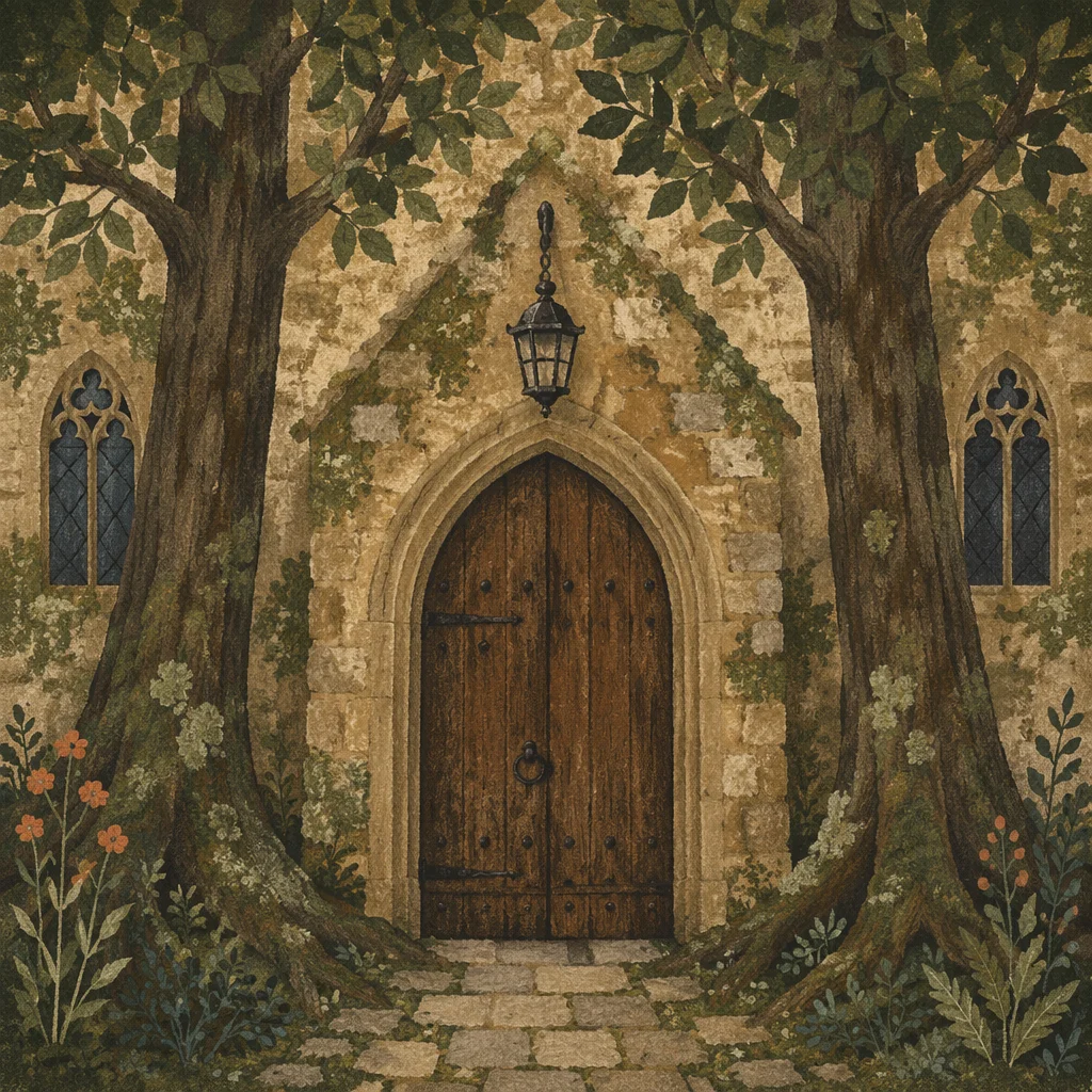 Old Stone Chapel Arched Wooden Door