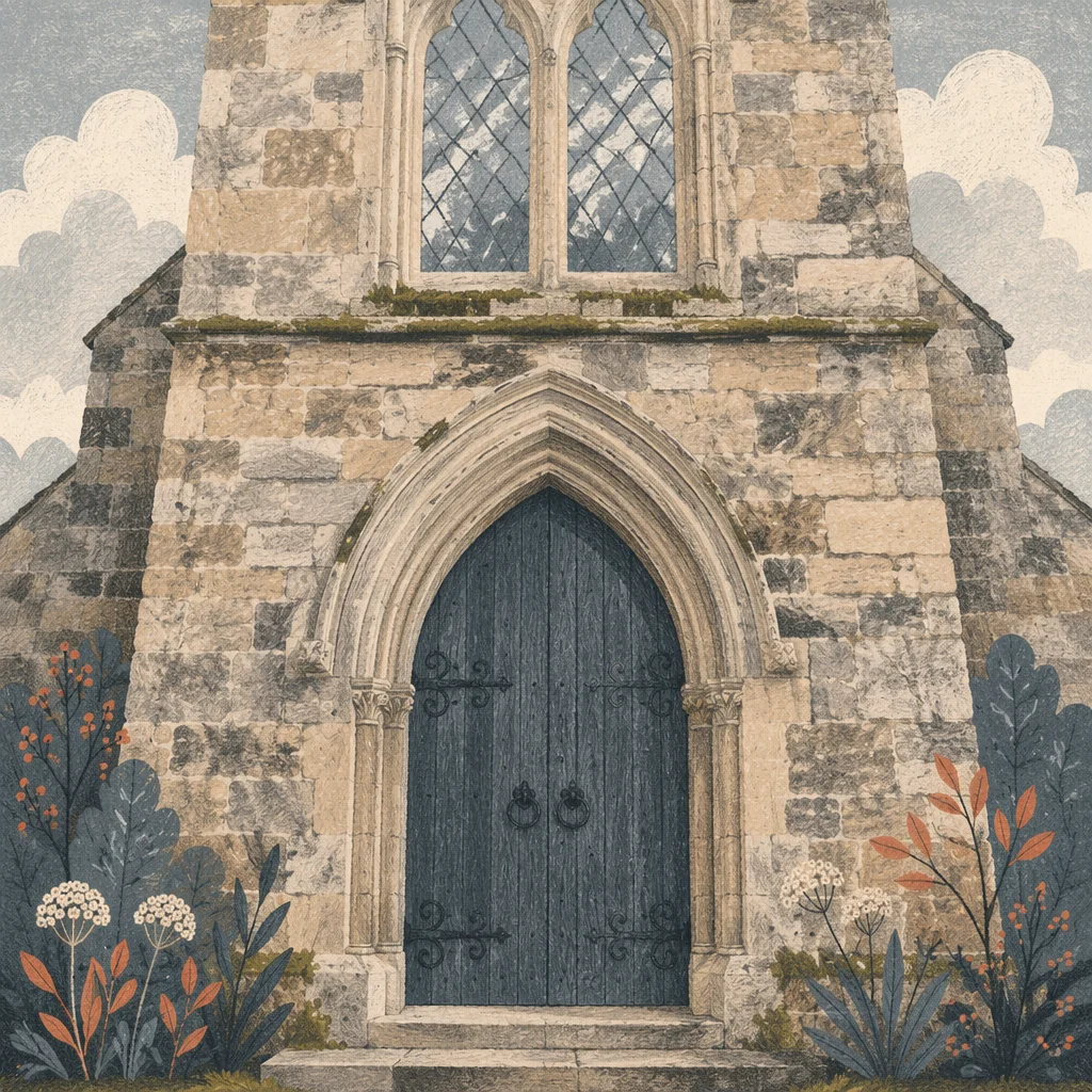 Weathered Arched Door of Old Stone Chapel