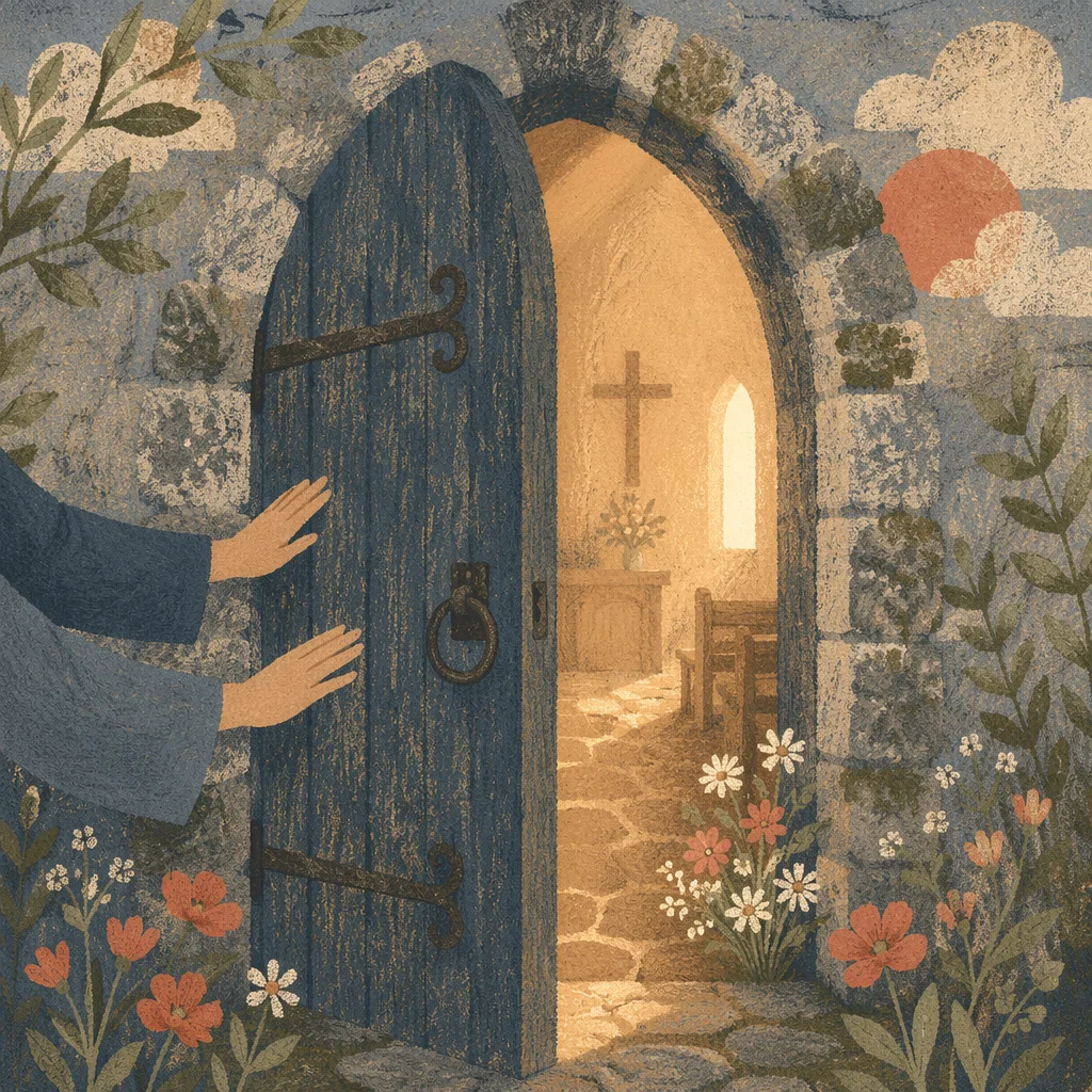 Old Arched Church Door Opening at Dawn