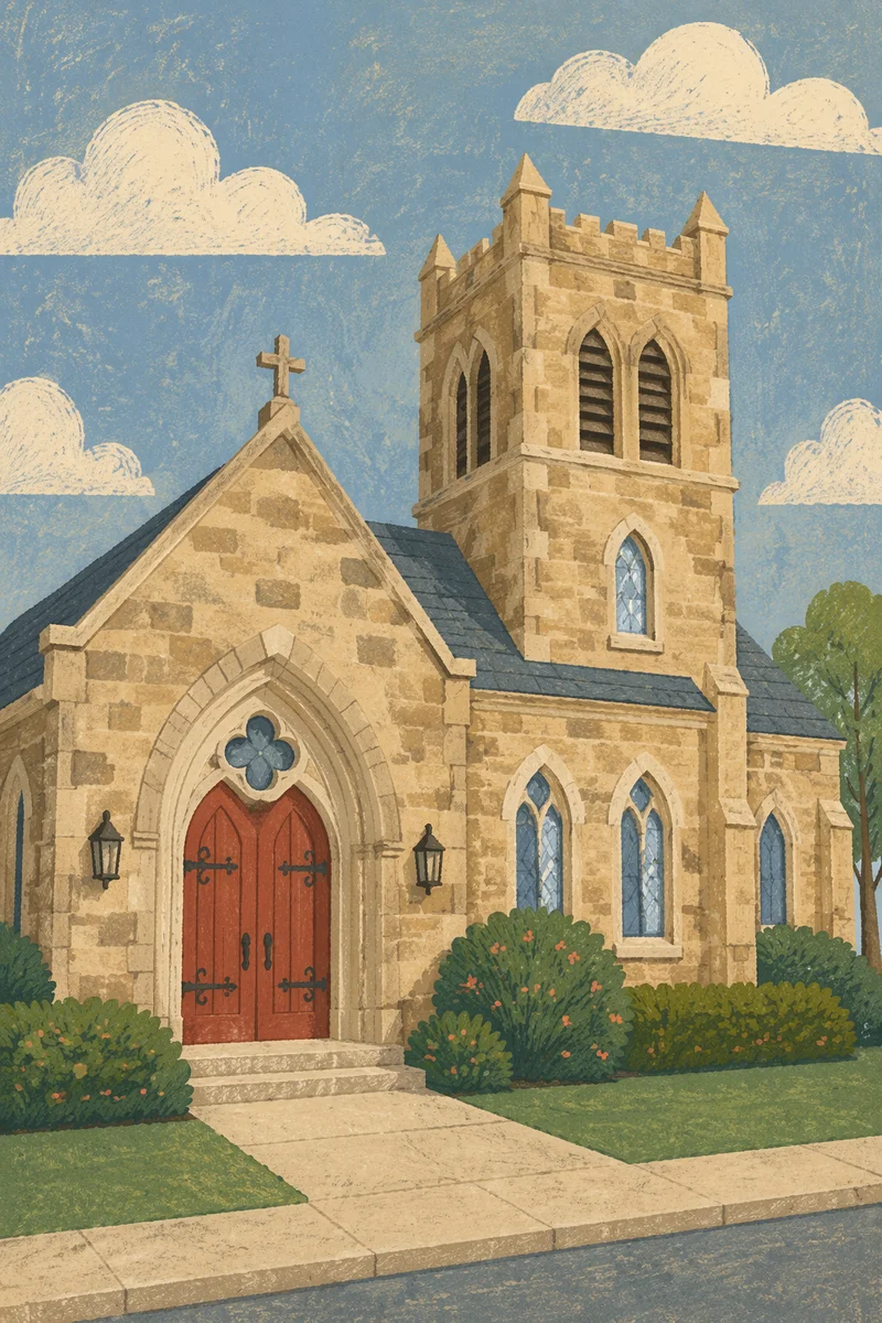 Old Stone Church with Red Arched Door