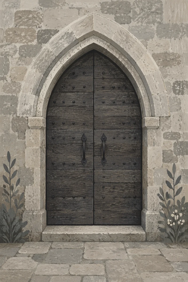 Old Arched Church Door in Stone Wall