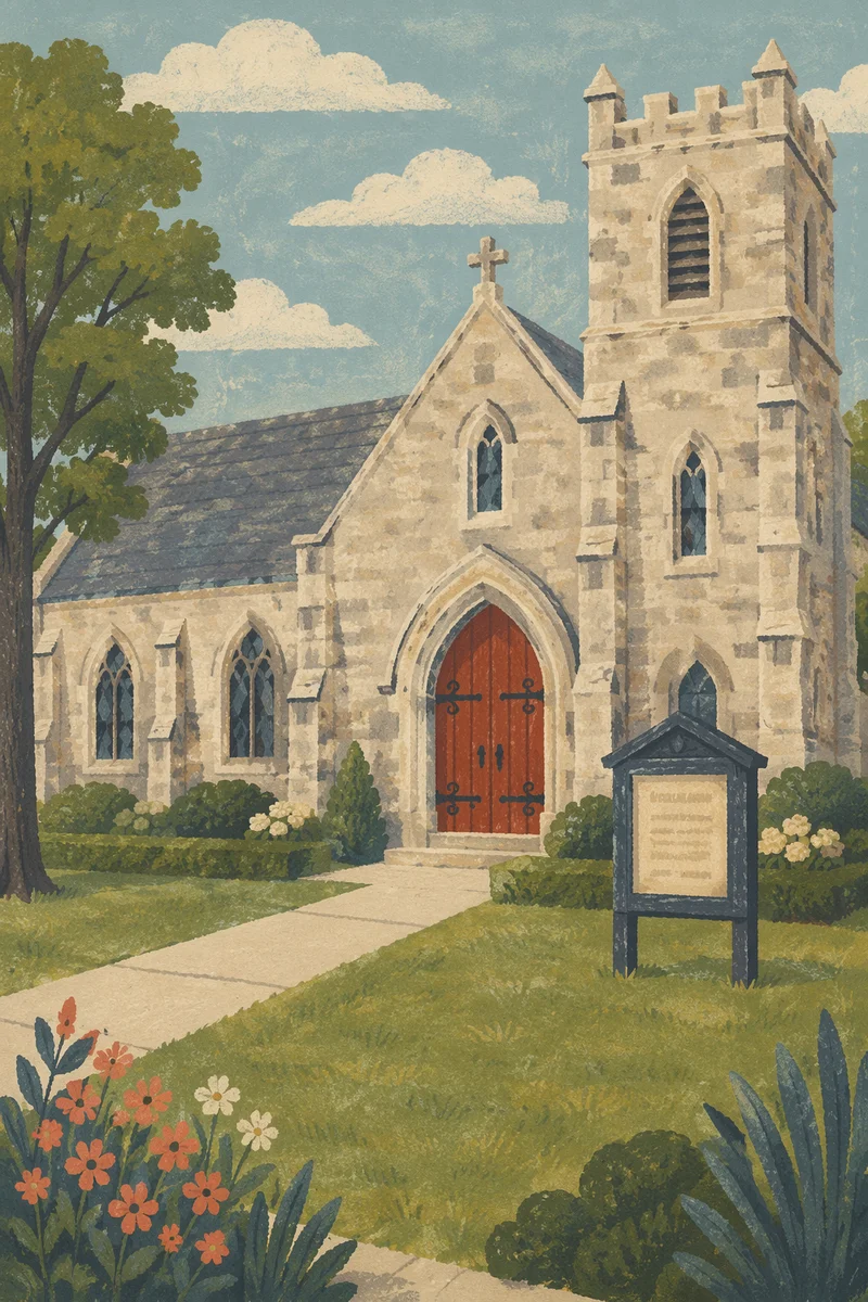 Old Stone Church With Red Arched Door