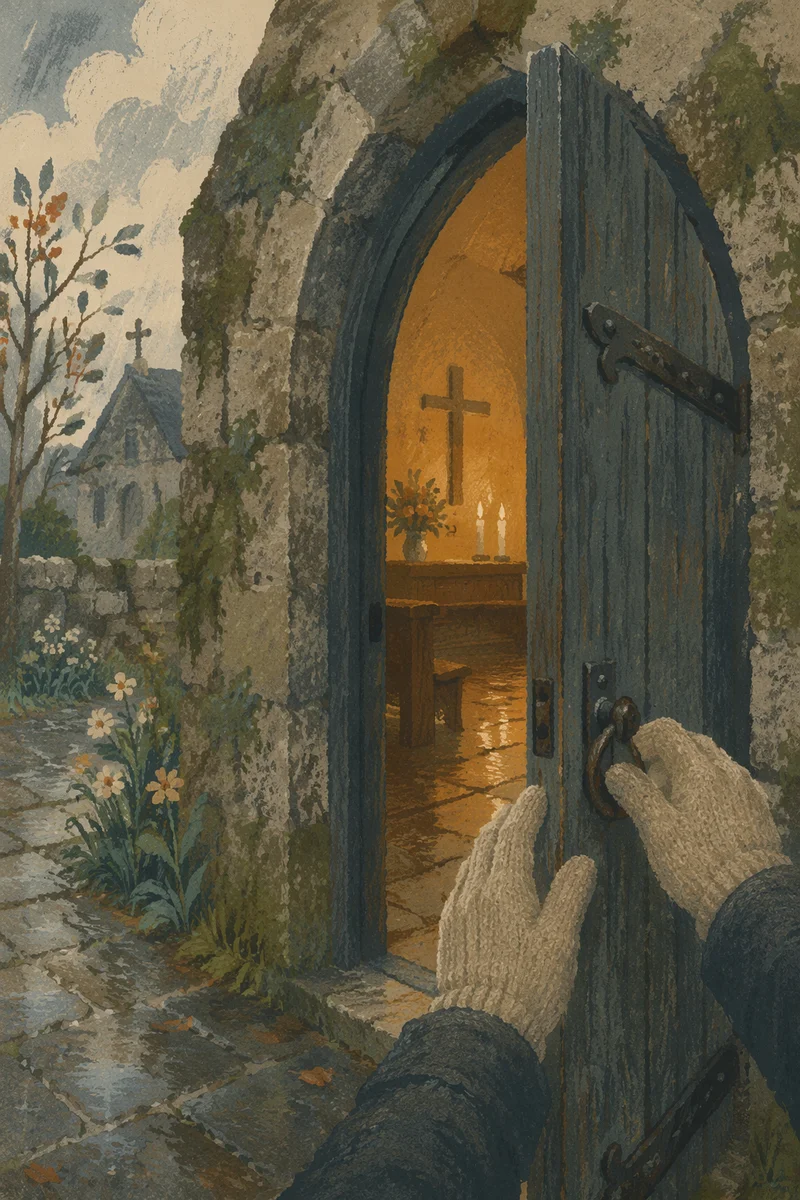 Old Arched Church Door at Sunday Dawn