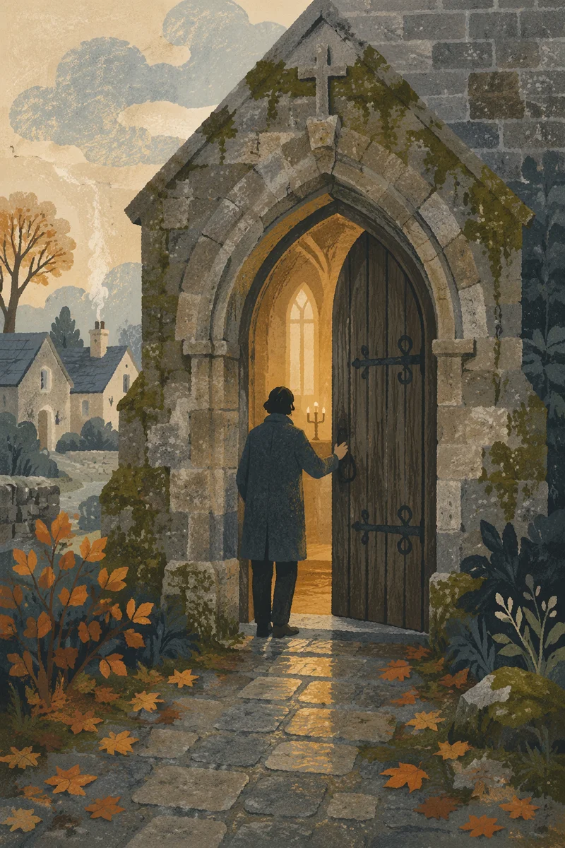 Old Arched Church Door at Dawn