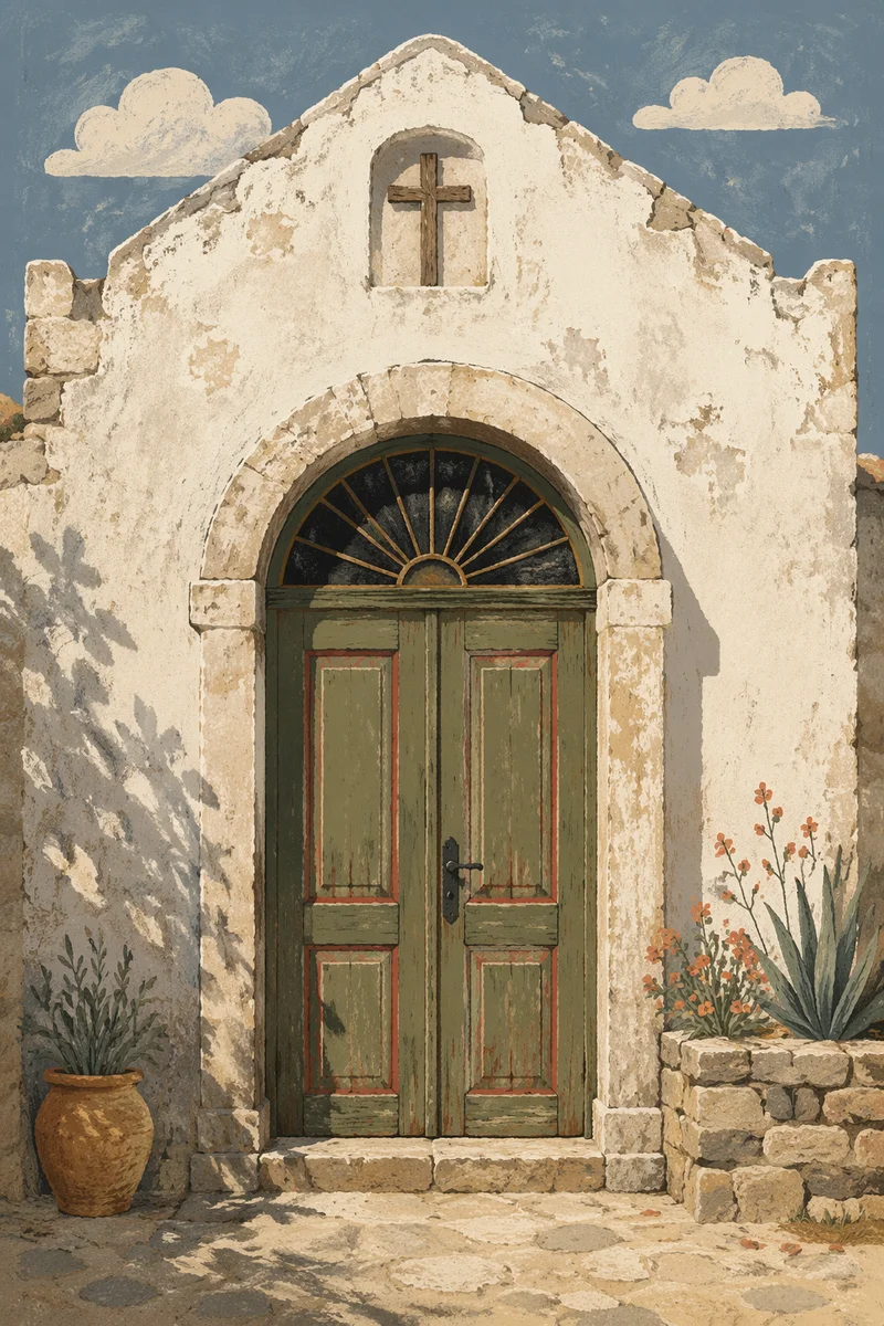 Old Stone Chapel with Arched Green Door