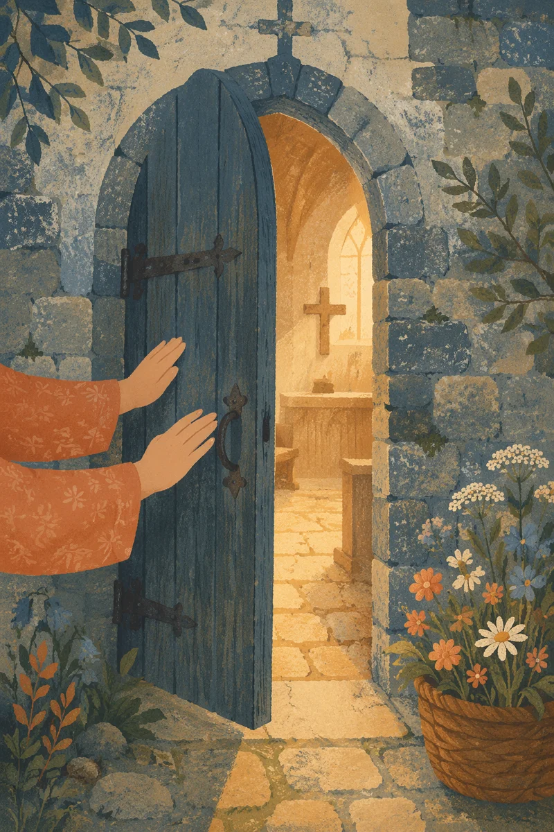Old Arched Church Door Opening at Dawn