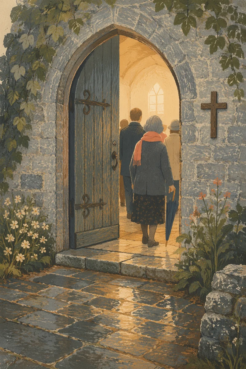 Old Arched Stone Church Doorway at Morning