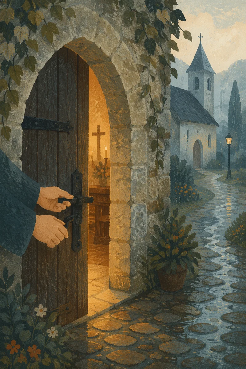 Old Arched Chapel Door in Morning Fog