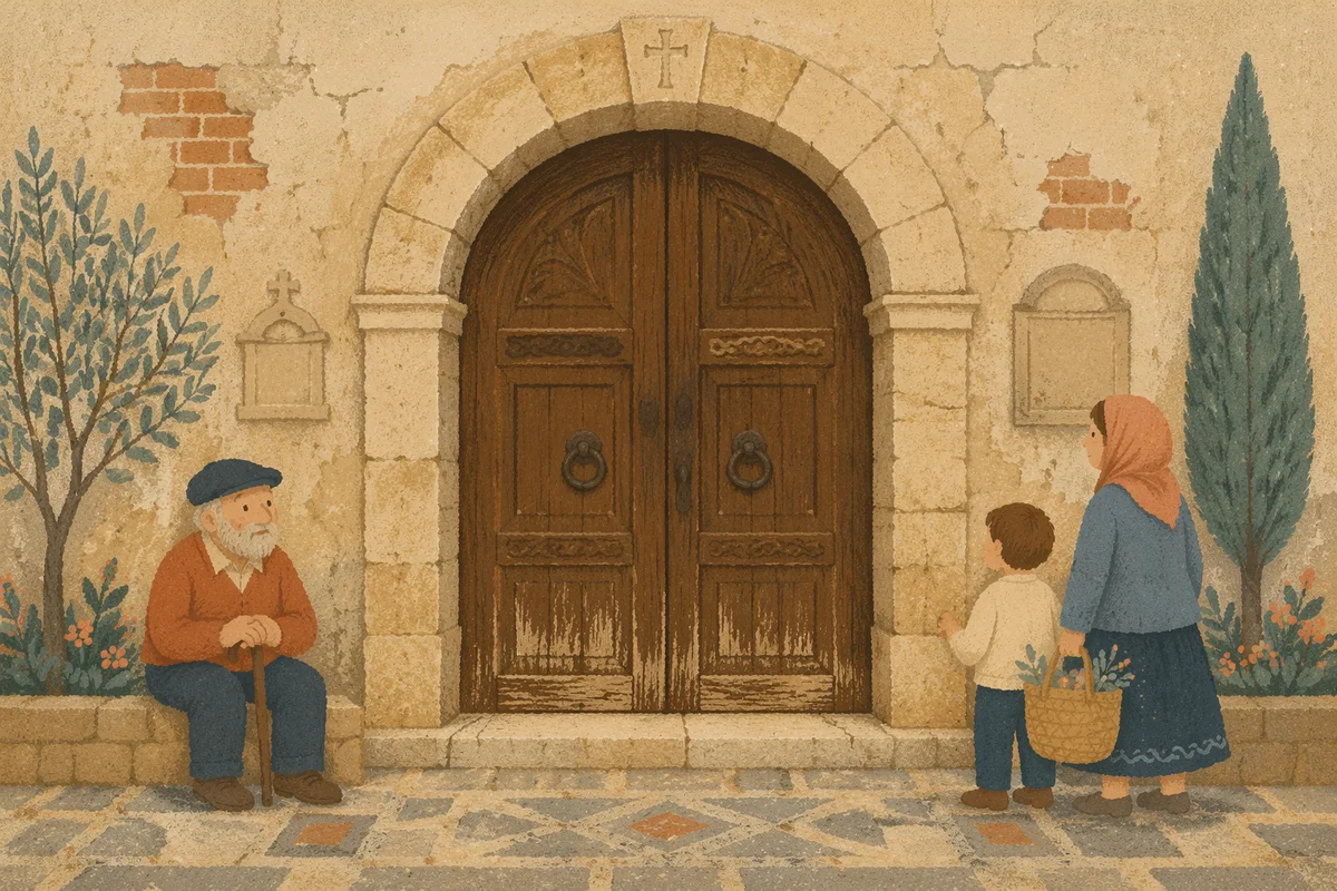 Old Arched Church Door in Stone Facade