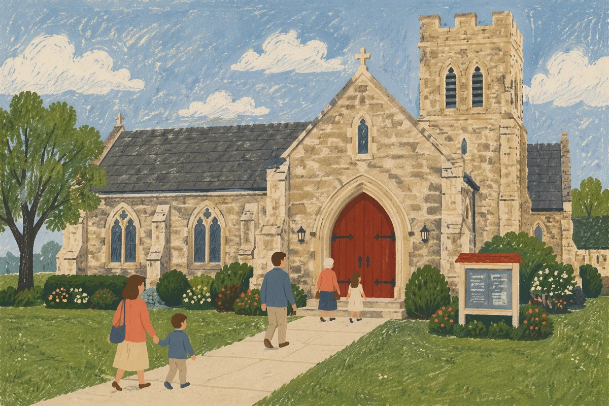 Old Stone Church with Red Arched Door