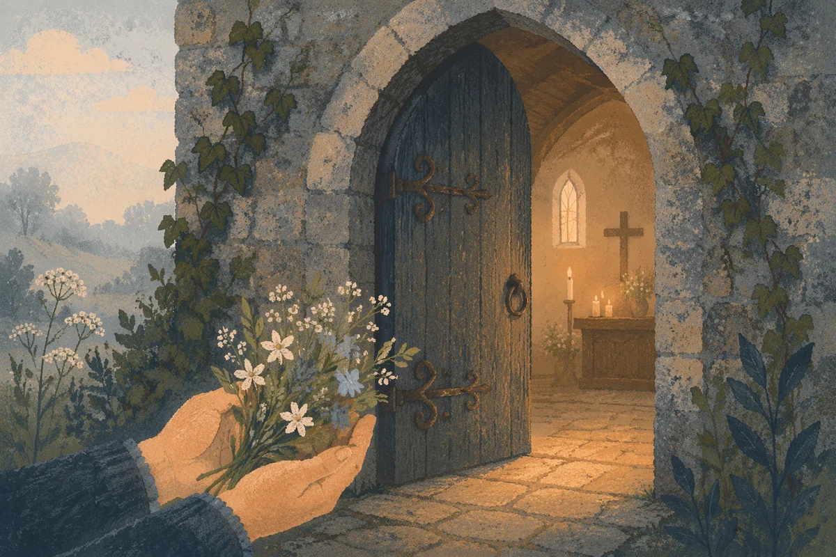 Old Arched Church Door with Wildflowers