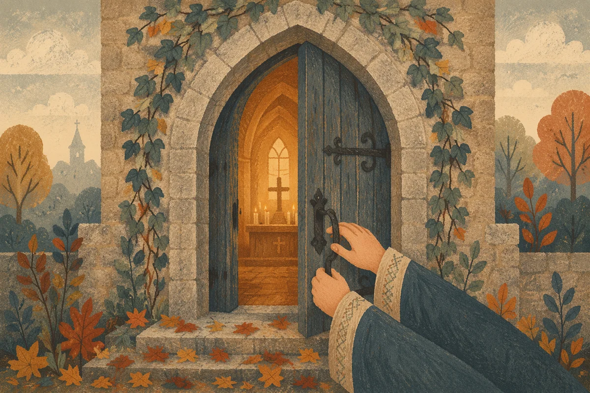 Misty Arched Stone Church Doorway