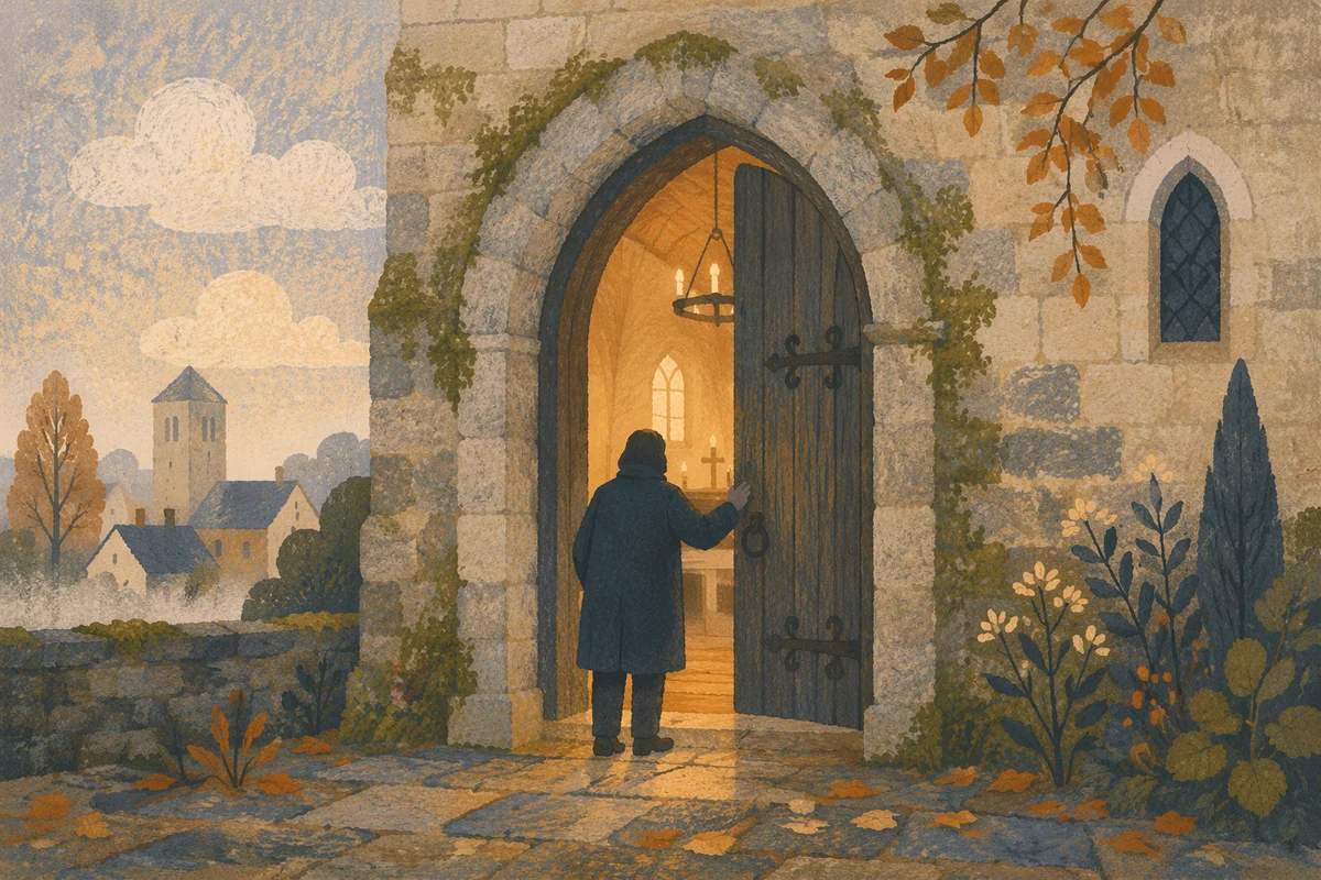 Old Arched Church Door at Morning
