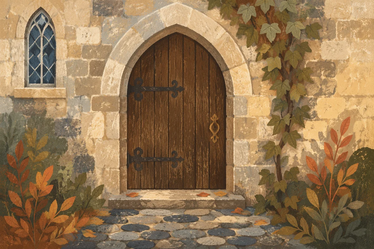 Old Arched Church Door in Morning Light