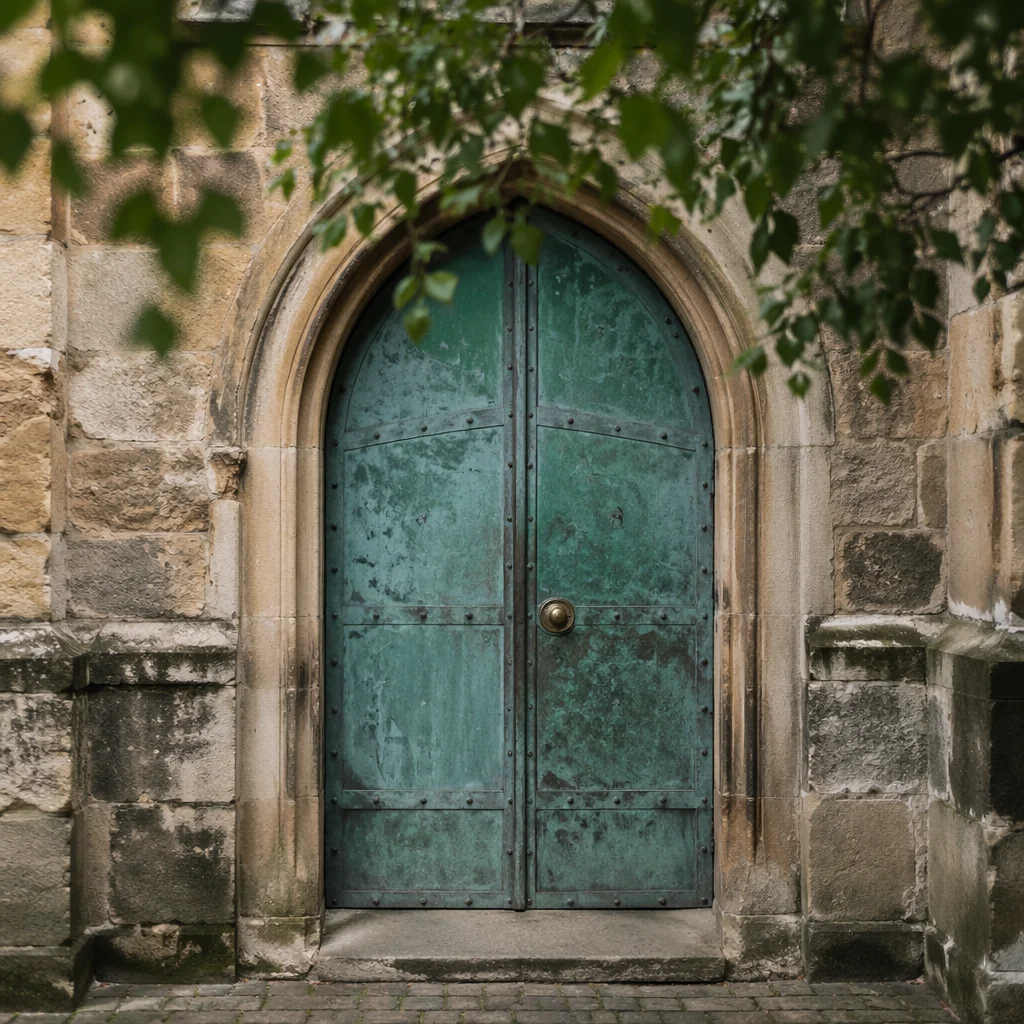 Old Arched Door in Stone Church Wall