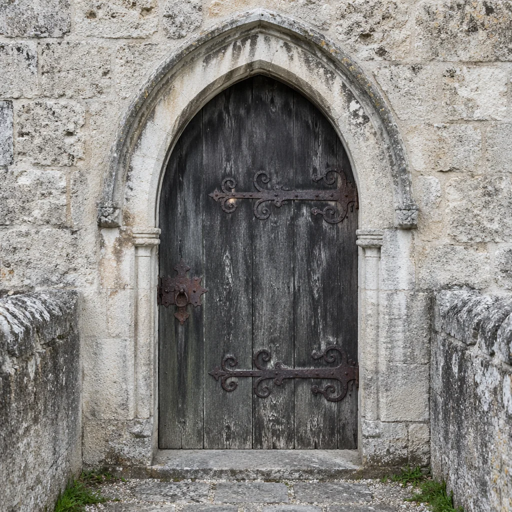 Old Arched Church Door in Limestone Wall