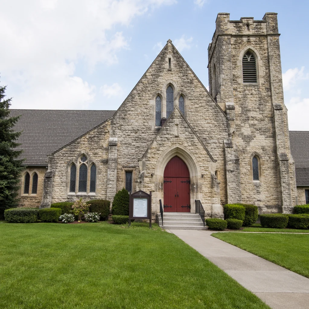 Old Stone Church with Red Arched Door