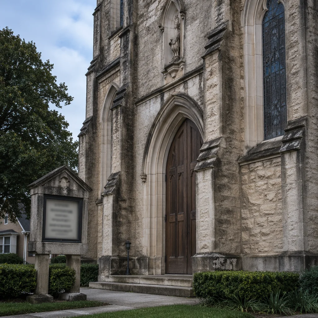Old Stone Church with Arched Wooden Door