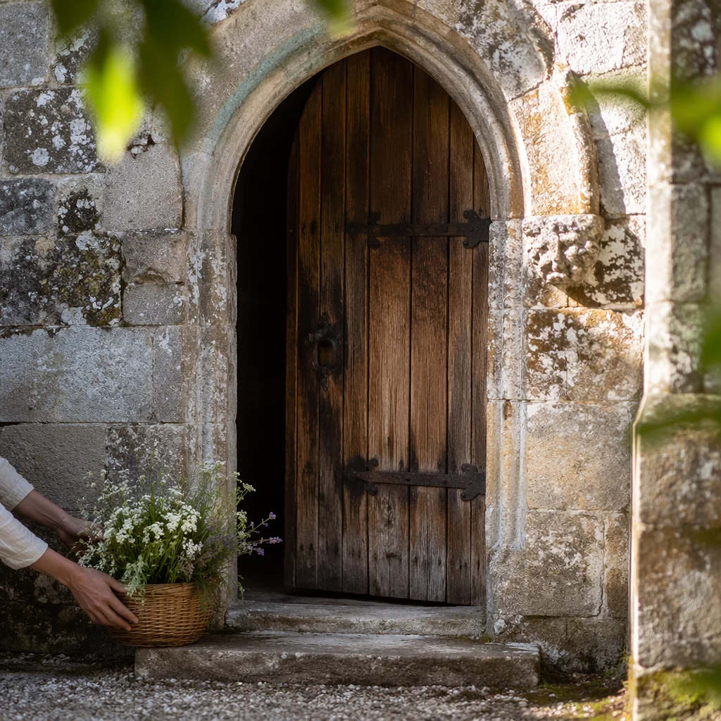 Old Arched Church Door with Wildflowers