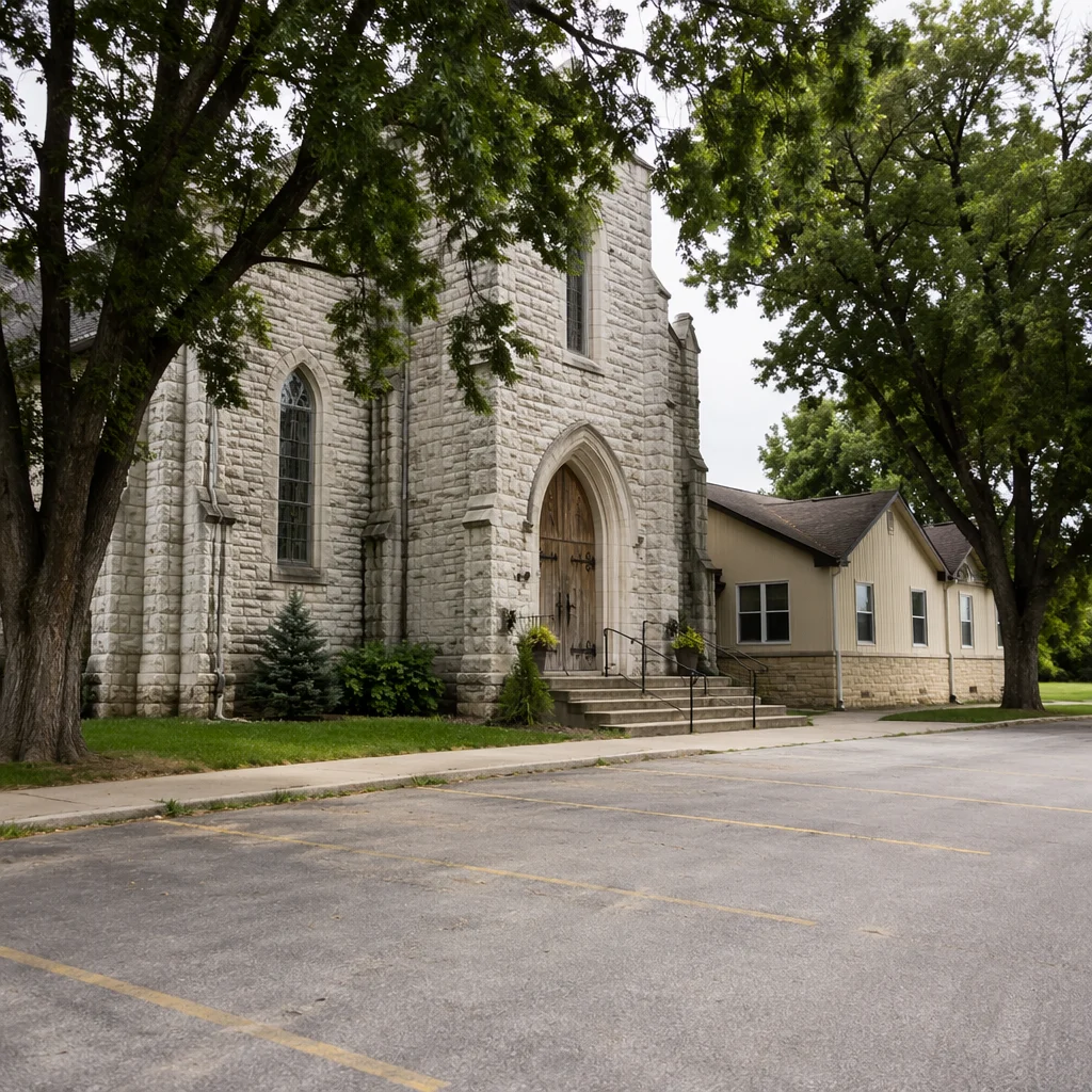 Old Stone Church with Arched Wooden Door