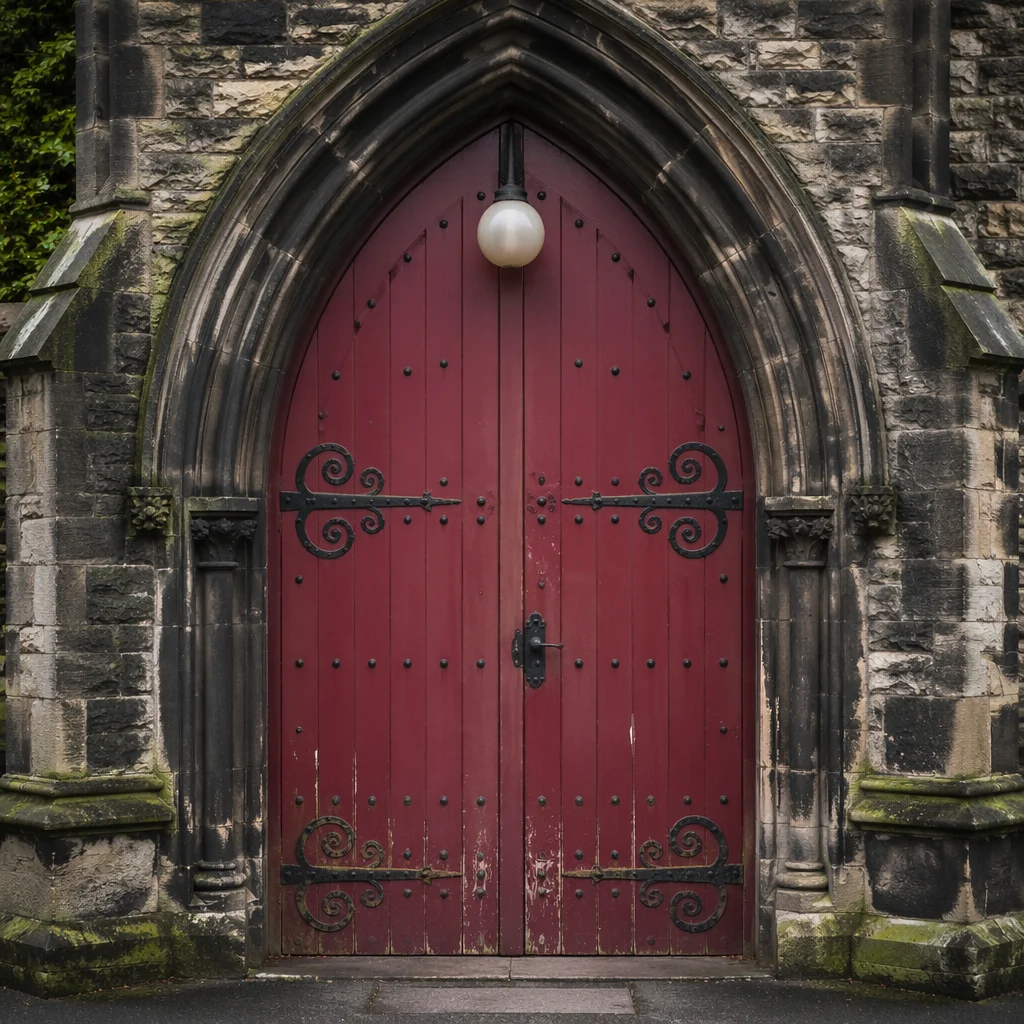 Crimson Arched Door of Historic Stone Chapel