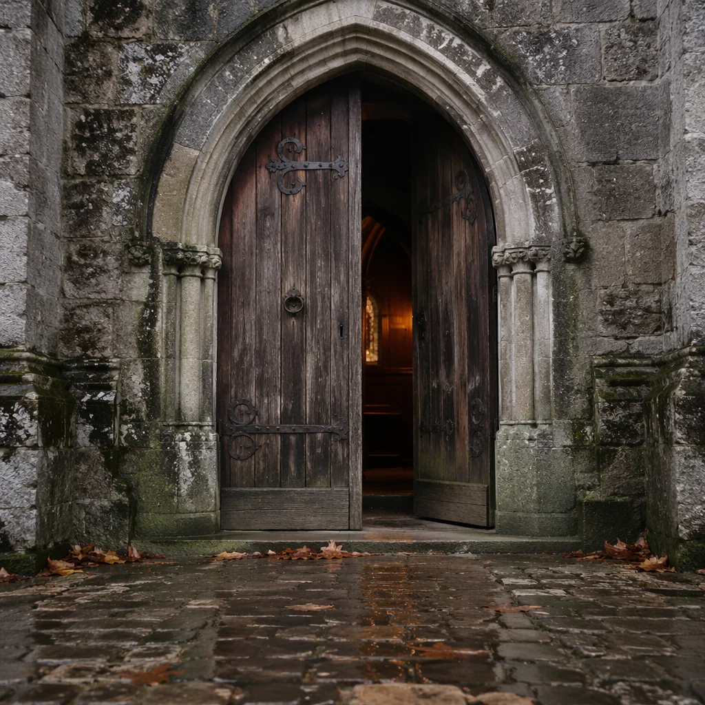 Old Arched Church Door in Rain