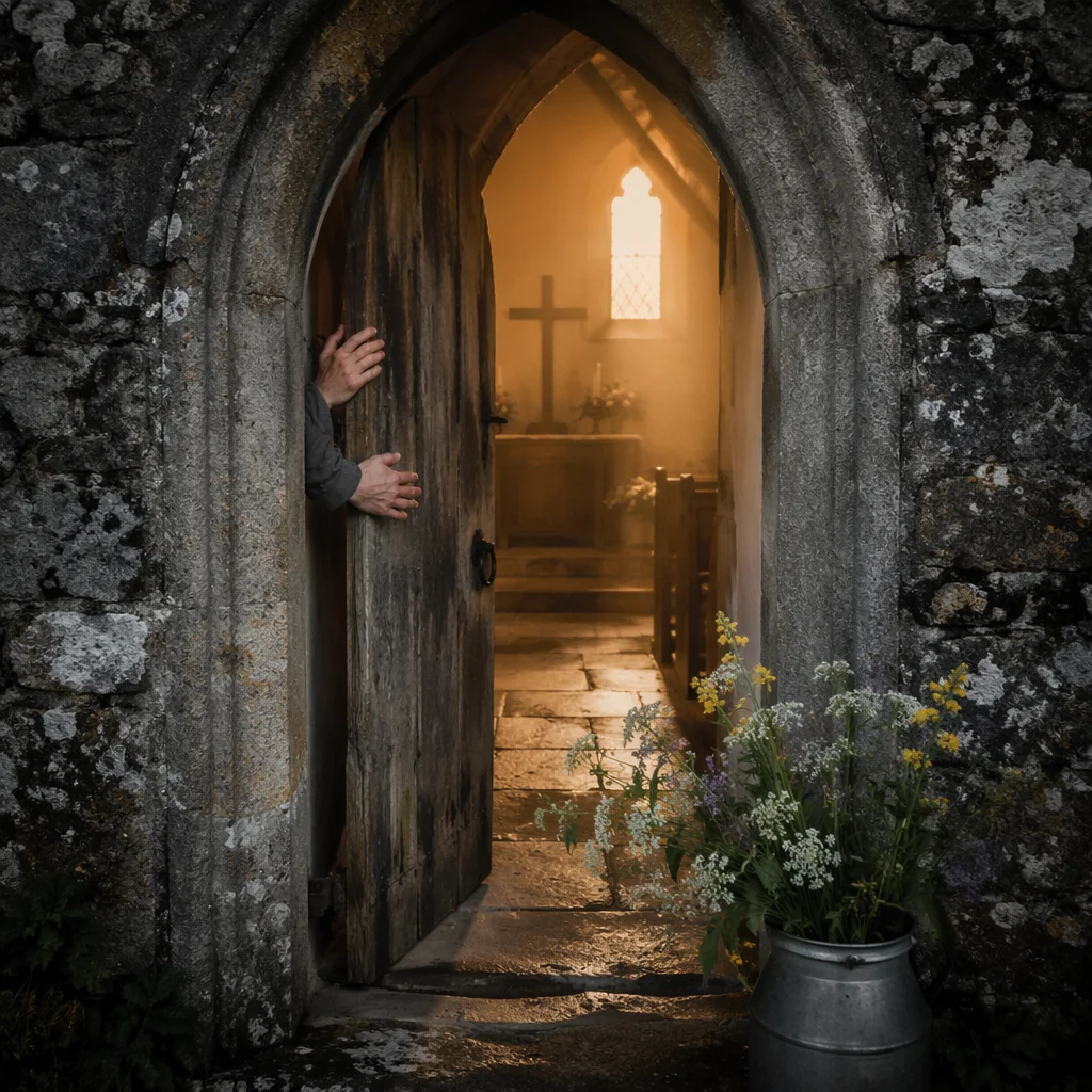 Old Arched Church Door at Morning