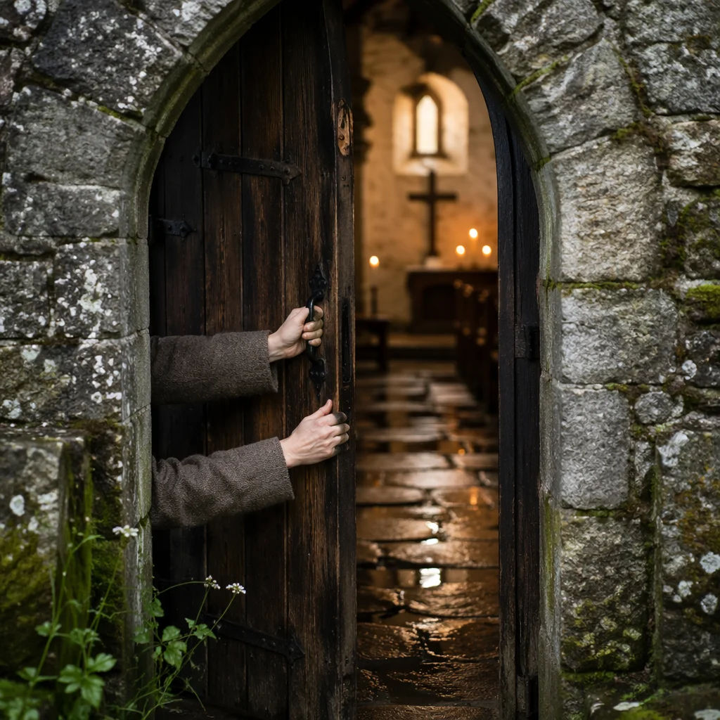 Old Arched Church Door in Candlelight