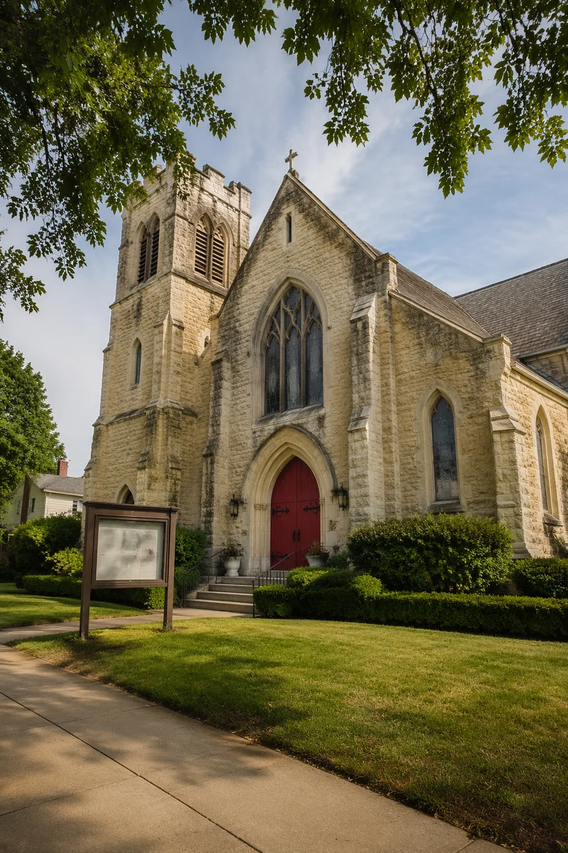 Historic Stone Church with Red Arched Door