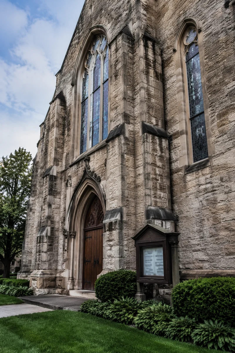 Old Stone Church with Arched Wooden Door