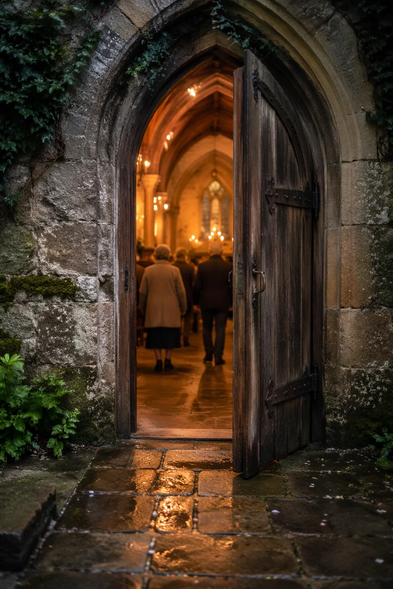 Old Arched Church Door in Candlelight