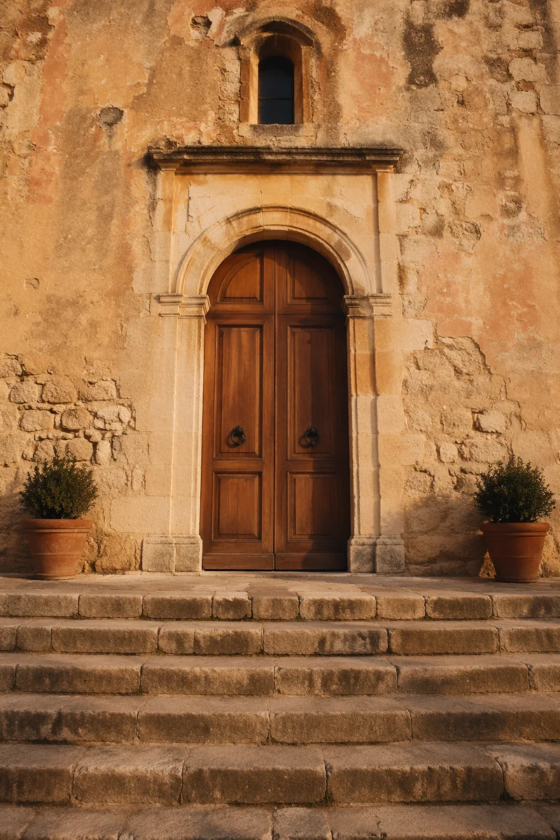 Arched Wooden Door of Old Stone Chapel